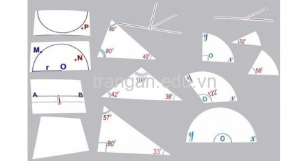 Mô hình tam giác, hình tròn, các loại góc (nhọn, vuông, tù, góc kề bù), tia phân giác. Làm bằng nhựa có gắn thước đo độ